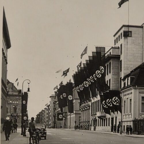 WWII Third Reich German City Street Photo – Large Nazi Swastika Banners Flags