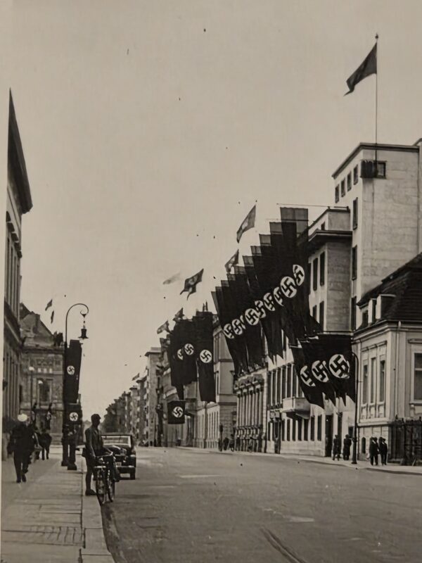 WWII Third Reich German City Street Photo – Large Nazi Swastika Banners Flags