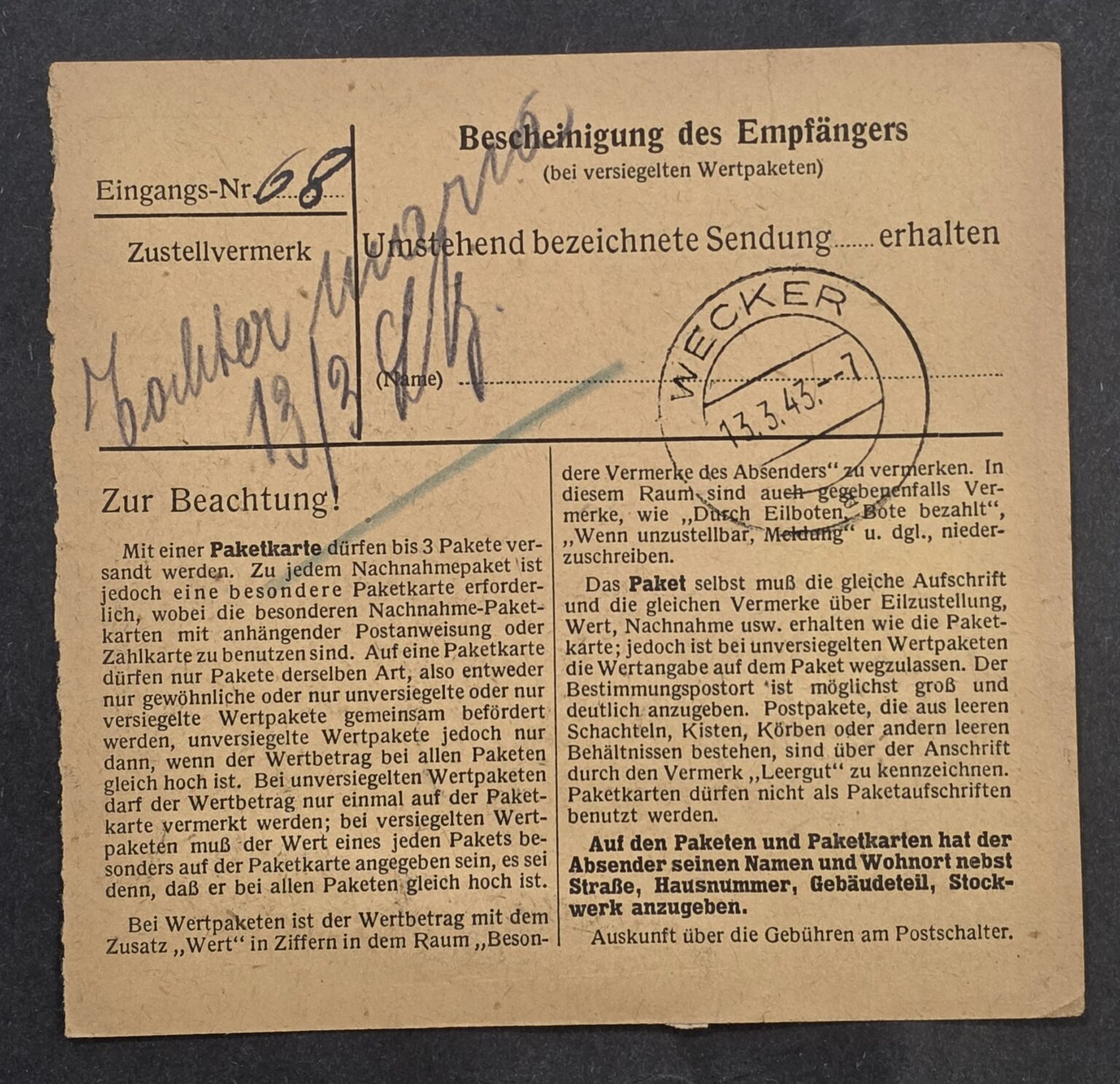 WWII Nazi German Luxembourg 1942 Third Reich Parcel Package Card Adolf ...